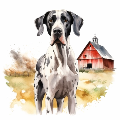 high detailed, Hand drawn watercolor clipart of a happy Great Dane on a farm, on a pure white background for background removal, no shadow, no paint splash