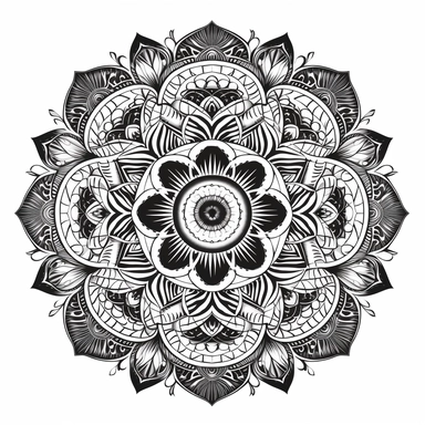 black and white clip art of mandala design, no noice, highdefinition, white background, coloring book, defined lines, textured lines
