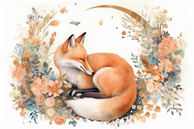 fox sleepy moon clip art october download, in the style of intricate, delicate flower and garden paintings, light white and orange, the stars art group (xing xing), dreamy watercolor florals, faux naïf, shaped canvas
