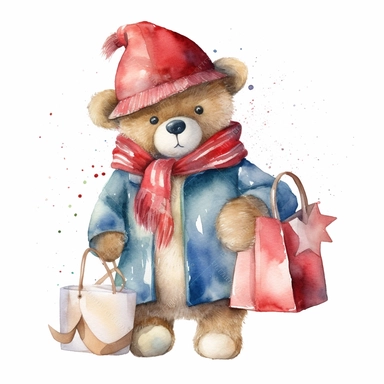 Watercolor, cute Christmas Teddy Bear, with a red hat, coat and sack of gifts, PNG, winter, nursery, cartoon, highly detailed, watercolor, very high details, white background, clipart style