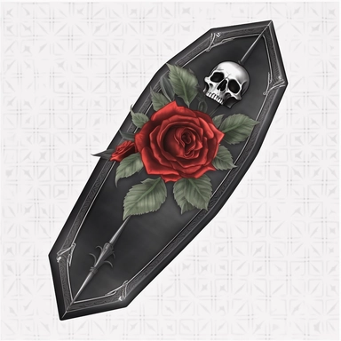 Gothic black coffin with a red rose, top view, clipart