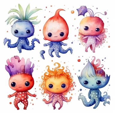 cutest little nursery sea creatures with big eyes, full body, pen and ink with watercolor, pearlescent horn, sparkles, glittery, clipart sheet, nurseycore