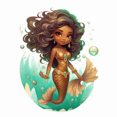 pretty brown skin mermaid with mermaid tail , clip art, jewels, little fish swimming in the forground