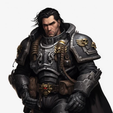 deathwatch warhammer 40k fantasy character, dark hair, paint art style, clipart, white background, superrealistic, one of a kind