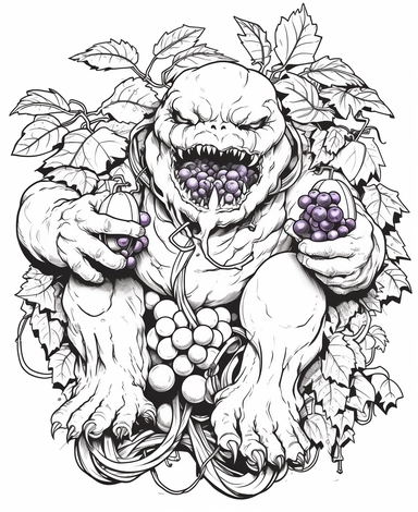 clean black and white coloring page of grape monster, resident evil style crisp lines white backgrount no fill, only black marker, low detail vector, clipart,