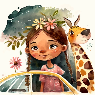 watercolor clipart, A car racing with a family inside, a 6-year-old child and the parents, motion, the girl sees a giraffe and turtle outside the car, magic, illustration story book style for children, scenery,