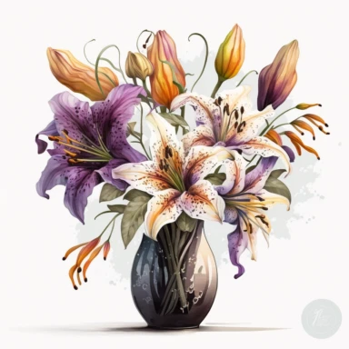 Watercolor realistic detailed purple tiger lily bouquet in stunning vase clipart, white background, no text