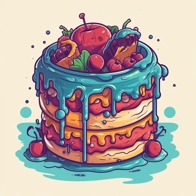 an illustrated clip art style detailed vector image of a large cake with icing : vector badge mascot graphic, illustrated, mascot vector style t-shirt graphic, vibrant, solid white background, adobe illustrator style, vibrant, bold lines with medium detail