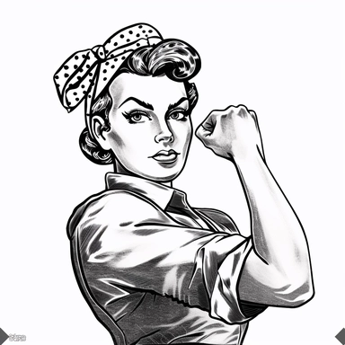 Rosie the Riveter, black and white clipart, perfect fist, no watermarks, vector quality, blank white background, highly detailed