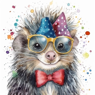 please create watercolor clipart of a porcupine smiling, wearing party GLASSES AND BOW TIE and bubbles, colorful, WHITE BACKGROUND
