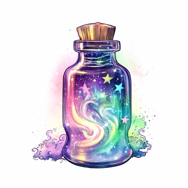 cartoon bottle of fairy dust, with a tag attached, glowing lights stars and sparkles, colors of green purple gold and blue, glamorous realistic and detailed, watercolor, white background with margins, clipart style