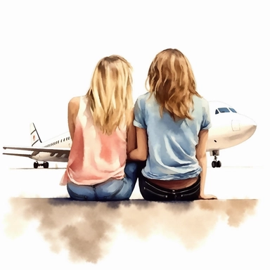 2 beautiful girls best friend sitting together back view illustration clipart,Airplane in the sky, Shirt design, detailed, white background, illustration painting, digital art, 8k, hd, ar 3:4