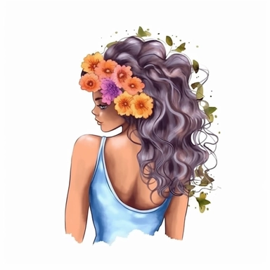 watercolor cute afro woman curly hair and flowers behind view, PNG Clipart, Illustration clipart, 4K, extremely detailed Sublimation Clipart,Cartoon,hyper realistic, intricate detail, illustration style,high solution,on the white background