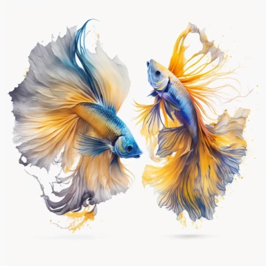 yellow and blue pair betta fish, light watercolor clipart, isolated on white background, James Jean and Peter Mohrbacher, no text, no captions