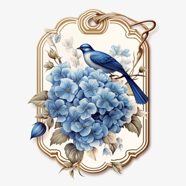 paper tag, hang card with hole, clip art, printed with Blue hydrangea flowers and forgte me knots, bluebirds with realistic feathers and vines in floral frame, in the style of elaborate printed paper gilding, romantic and nostalgic theme, clipart, tie on gift tag, no ribbon, white background,