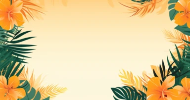 illustration of summer tropical background clipart tropical frame illustration, in the style of light yellow and dark orange, geometry-inspired, yanjun cheng, free-flowing lines, yellow and emerald, large canvas format, liquid emulsion printing