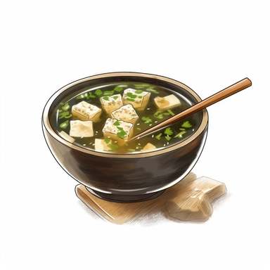 Envision a clipart of a traditional bowl of Japanese miso soup, complete with tofu chunks and floating seaweed. The steam rising from the soup adds a sense of warmth and comfort. The miso bowl's rustic charm is accentuated by the accompanying wooden soup spoon. All these details are set against a clean, white background that heightens the allure of the dish.