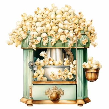 A realistic high detailed watercolor wedding popcorn machine, pastel colors, in the style of digital print, clipart, illustration, sticker, ultra high definition, rich details, 32K, HD