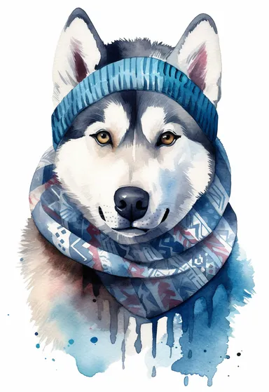 watercolour of a Siberian Husky wearing a high-neck sweater with a geometric pattern in shades of grey and blue, Complete the look with a wool beanie and a matching scarf, clipart, colourful, pastel color, watercolour, single sheet