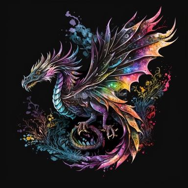 Watercolor clipart on a black background of a whimsical and friendly dragon, with its vibrant colors and a cheerful expression. This dragon brings a sense of enchantment and joy, inviting you to enter a world of fantasy and imagination. Its wings are gracefully spread, and its tail coils in a playful manner. The black background serves as a striking contrast, emphasizing the dragon's lively presence. This watercolor clipart captures the essence of a lovable and magical creature, ready to captiva