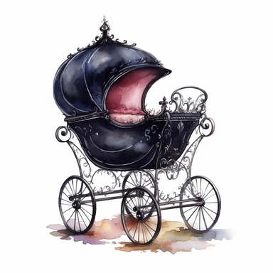 Vintage Victorian baby carriage in black color, clipart style, watercolor technique, super high quality, professional watercolor clipart, high resolution, boho colors, no image noise