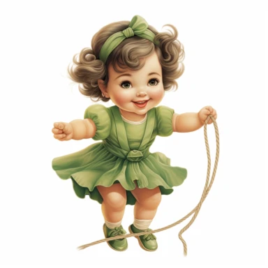 Cute Beautiful Vintage Happy Face Sassy Little Baby Girl Wearing Green Dress Clothes Rope skipping Sublimation Clipart ,Cartoon,hyper realistic, intricate detail, illustration style,high solution,on the white background