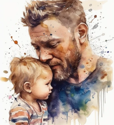 DESIGN A MAGNIFICENT AND EXQUISITE BREATHTAKING ONE-OF-A-KIND HIGH QUALITY HIGHLY DETAILED MASTERPIECE WATERCOLOR CLIPART ILLUSTRATION OF A one child is the gift of a parent love this watercolor picture person, painting quotes, dad quotes, father, man, father's love, in the style of sam spratt, daniel jaems, photo-realistic hyperbole, zack snyder, sketch-like, silver and purple, tightly cropped compositions