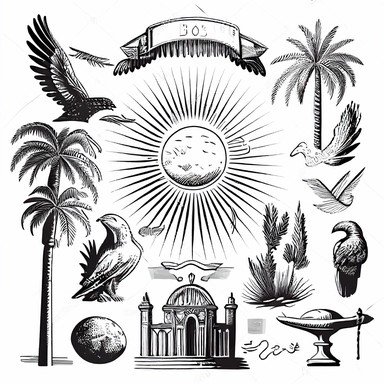 A black and white vector drawing of a variety of protestant christian objects including Palm branches, Open hands, Hearts, Lambs, Dove with an olive branch, Empty tombstones, Lion and the lamb, Doves in flight, Keys of heaven, Sunbursts, Halos, a detailed drawing inspired by Josef Navrátil, Anno Domini, black and white vector art, clipart, highly detailed vector art, coherent, white background