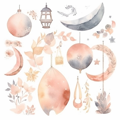 watercolor clipart of cute sweet dreams decor set, half moon sleeping, cute objects, soft watercolor, watercolor paper texture, no background. clear simple shapes.Adorable. High quality