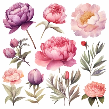 Handpainted romantic set with watercolor peonies, flowers, roses and leaves.15 lovely clipart isolated.Perfect your project,greeting cards,wedding,Birthday cards,bouquets,wreaths,invitations,logos