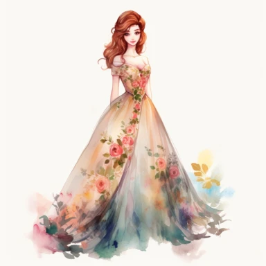 .''princess flora full body watercolour clipart high quality'' smile face large dress hd