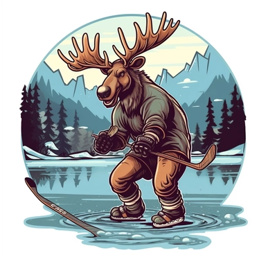 Showcasing a cartoon Moose playing hockey on a frozen lake. The design should capture the Moose's comical nature and incorporate a popular Canadian sport. The artwork can be lively and humorous, with the Moose wearing a hockey jersey and holding a hockey stick.r, that can be used as a sticker, colorful, highly detailed, white background, style of pixar clipart, white background,--no cut off edges