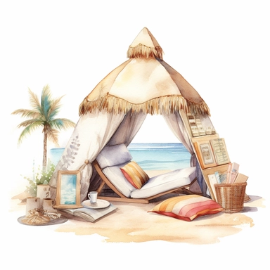 watercolor, clipart, one large beach reading nook in the style of realistic and hyper-detailed renderings, dreamy watercolor scenes, photo-realistic techniques , light-filled scenes, charming character illustrations, white background