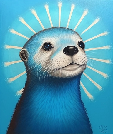 cute otter with bright blue eyes, animal illustrations, appropriation artist, light blue background, precisionist art, clipart