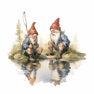 Two garden gnome kids fishing at a pond, white background, style of Pierre-Joseph Redoute, as clipart, single design, sharp lines, dreamy