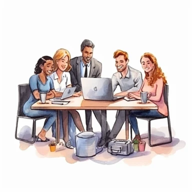 watercolor, Concept of videoconference and web communication. Team meeting online. Smiling men and women work remotely and have a corporate virtual discussion png Full body realistic cartoon in 32K UHD cute. 15 cm thick outline. Black color. There was no shadow on the ground. 8k with realistic watercolors and detailed illustrations. PNG clipart, transparent white background