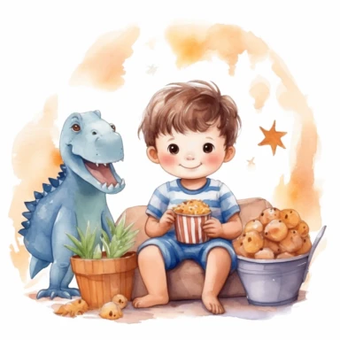 Cute baby boy and dinosaur enjoying movie night with popcorn watercolor Clipart