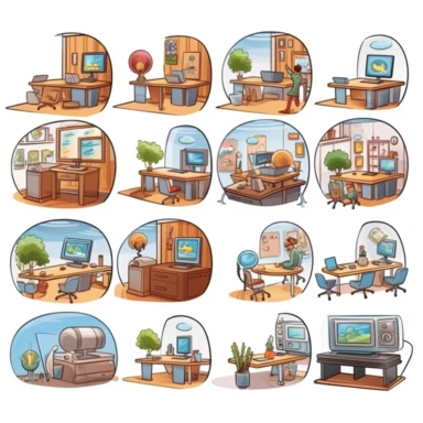 Virtual classroom, set of clipart, cartoon style, isolated white background