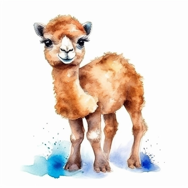 extremely cute and happy baby camel, big eyes, four legs, vibrant watercolor clipart, isolated white background, 8k
