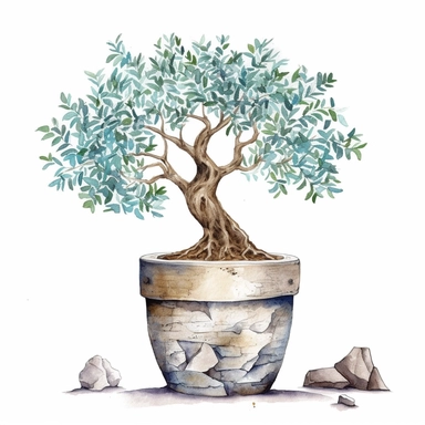 watercolor olive tree growing out of small mediterranean pot clipart on white background