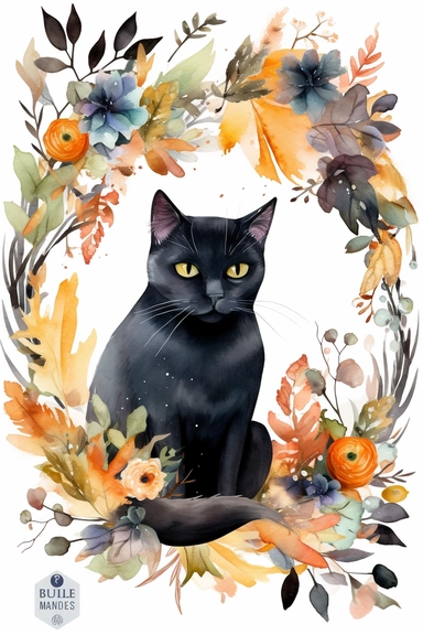 Halloween clipart, black cat Delicate watercolor illustration, White background, Cozy, clear picture, 8k, hd, isolatee on a white background, Wreath, Frame Clip Art
