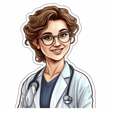 portret a happy woman doctor, sticker, style by Lusy Fleming, folk art, watercolor, clipart elements, smooth gradients, black contour outline, ultra detailed, white background, super clear, high quality