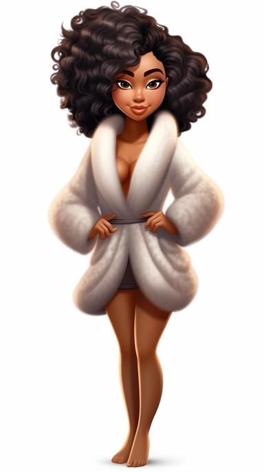 young gorgeous curvy black woman caramel skin, full body, spa day, fur slippers, clipart in the style of digital airbrushing, feminine sticker art, dollcore, realistic face, realistic body, glamorous, 8k