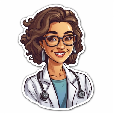 portret a happy woman doctor, sticker, style by Lusy Fleming, folk art, watercolor, clipart elements, smooth gradients, black contour outline, ultra detailed, white background, super clear, high quality