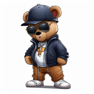 tough looking teddy bear Clipart, teddy bear with a gold chain and a baseball cap turned backwards, wearing baggy pants and a hoodie, png