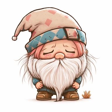 cute chibi happy gnome with big white beard, wearing spike hat, hat is covering the eyes, clipart, line art, in the style of Anni Betts + Christine Battuz, watercolor illustration style 8k, png