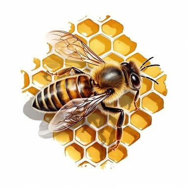 single honey bee on honey hive, top view, vector clipart, saturated colors, isolated on white background, uhd, sharp detail