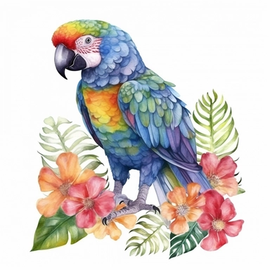 vibrant watercolor cute tropical parrot flapping wings with flowers and leaves surrounding his feet clipart isolated no background