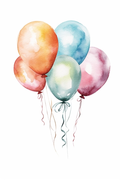 6 different watercolor balloon bundles tied with ribbons, clipart, hd, isolated, spaced out, on white background,