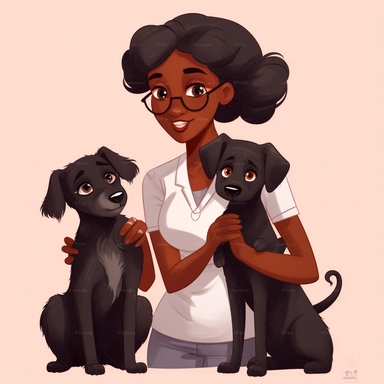 A cute female dark skin vet is in her vet clinic, the vet takes care of two sick black dogs, pixar style clipart, detailed face, seed--3923620901